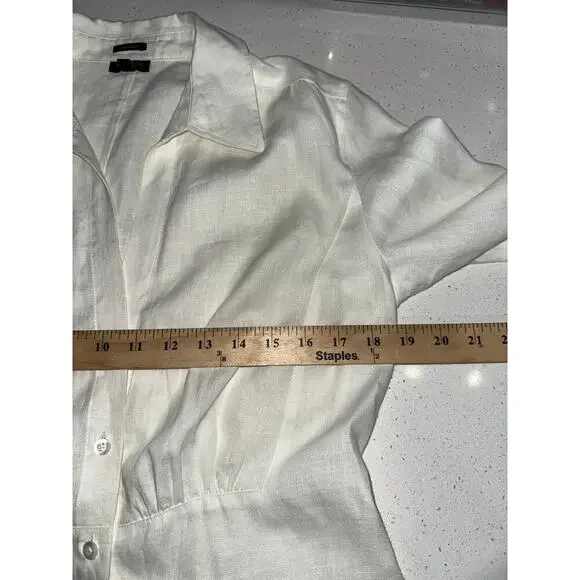 Talbots Irish Linen Button Up Blouse Gather Detail Waist Off white 12 Office - Picture 6 of 7